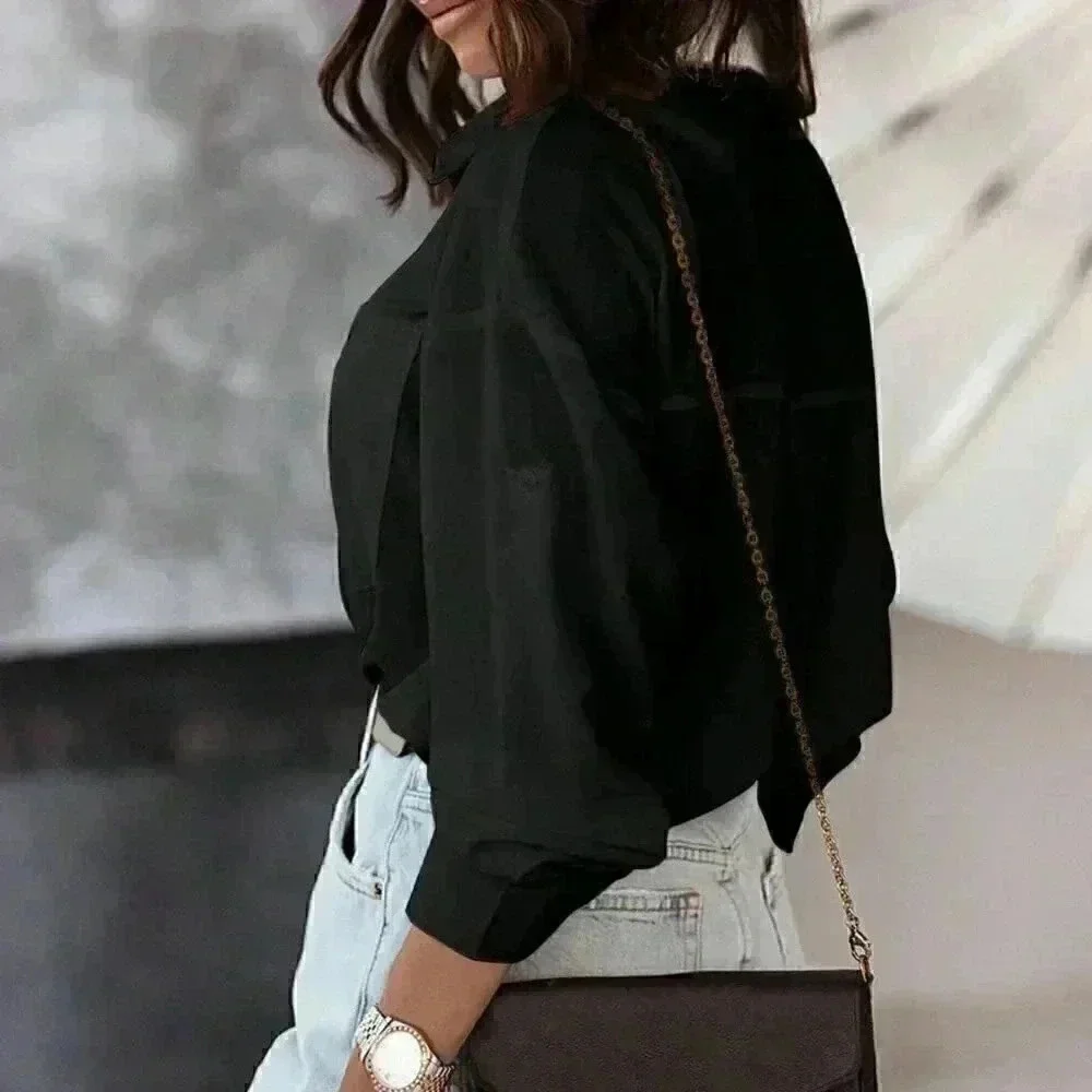 Black Casual Womens Solid Button Front Shirt - Picture 2 of 5